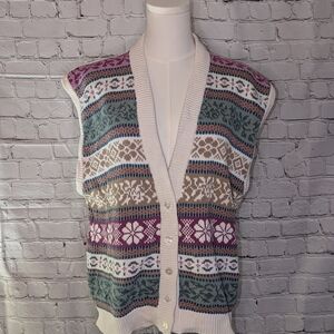 Koret Cream Button-Front Sweater Vest with Pink & Green Accents